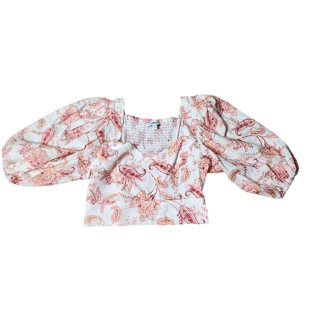 Express‎ Crop Top S Linen Blend White Red Floral PaisleyPuff Sleeve Cottage Boho